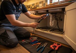 Plumber Inspecting Under Sink with Inspection Camera