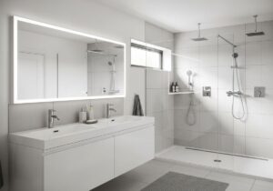 Modern bathroom with double sink and walk-in shower