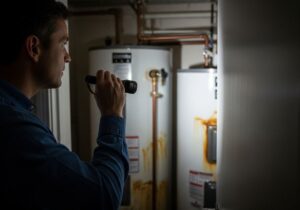 Man Inspecting Water Heaters with Flashlight