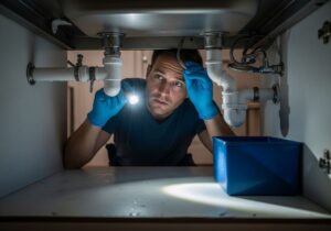 Man Inspecting Under Sink with Flashlight
