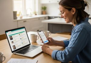 Woman using laptop and smartphone at home